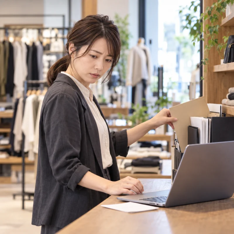 店頭の書類とパソコンを前に業務に悩む事業者